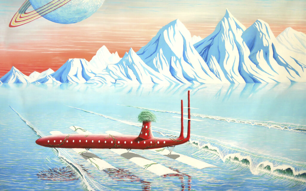 Un avion rouge survolant une étendue d'eau dans une peinture.